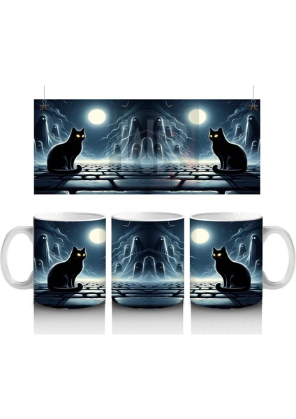 Dolunay Altında Kurbağa ve Cadı Silüeti Figürlü Cadılar Bayramı Baskılı Kupa