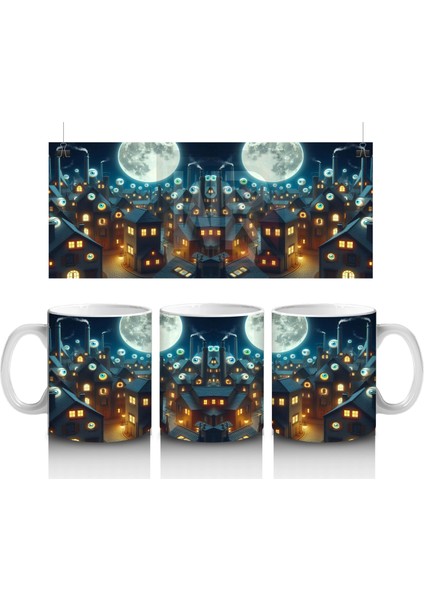 Dolunay ve Renkli Işıklarla Süslenmiş Cadılar Bayramı Sokak Temalı Baskılı Kupa Bardak