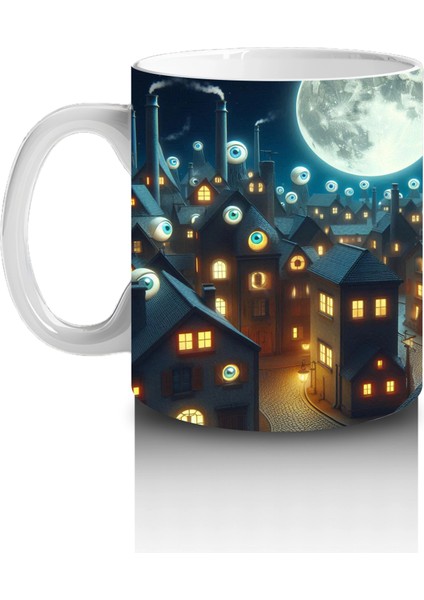 Dolunay ve Renkli Işıklarla Süslenmiş Cadılar Bayramı Sokak Temalı Baskılı Kupa Bardak fiyatları