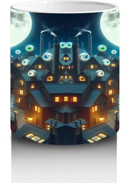 Dolunay ve Renkli Işıklarla Süslenmiş Cadılar Bayramı Sokak Temalı Baskılı Kupa Bardak modelleri