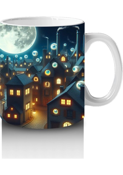 Dolunay ve Renkli Işıklarla Süslenmiş Cadılar Bayramı Sokak Temalı Baskılı Kupa Bardak fırsatları