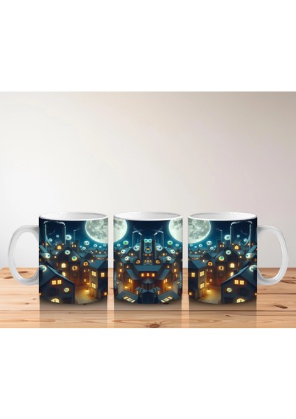 Dolunay ve Renkli Işıklarla Süslenmiş Cadılar Bayramı Sokak Temalı Baskılı Kupa Bardak indirimleri