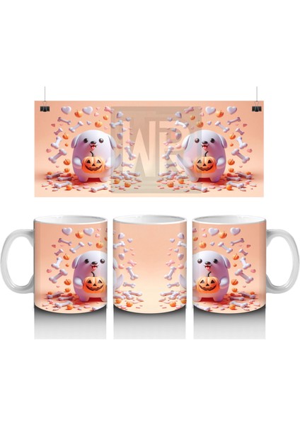 Pamuk Şeker Desenli Sevimli Cadı Figürlü Renkli Cadılar Bayramı Baskılı Kupa Bardak