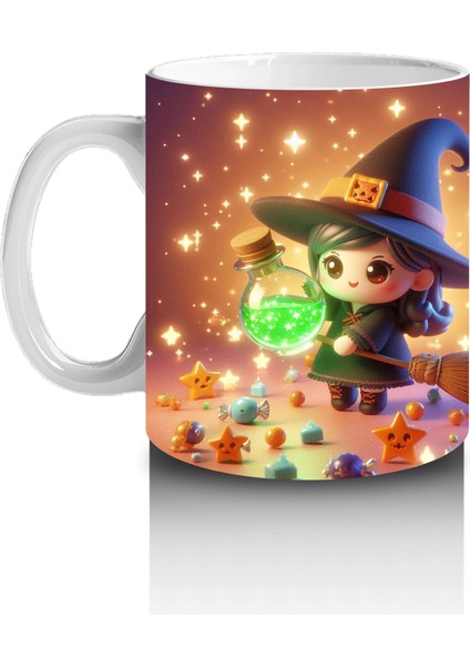 Sevimli Cadı Kız ve Şeker Sepeti Figürlü Renkli Cadılar Bayramı Baskılı Kupa Bardak fiyatları