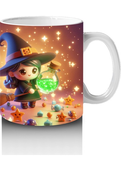 Sevimli Cadı Kız ve Şeker Sepeti Figürlü Renkli Cadılar Bayramı Baskılı Kupa Bardak fırsatları