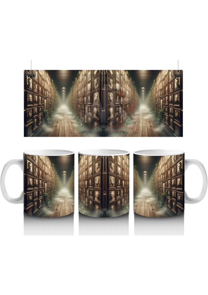 Loş Işıklı Gotik Koridorda Mum Işığı Temalı Cadılar Bayramı Baskılı Kupa