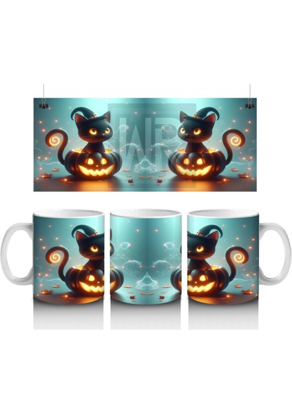 Ikiz Cadı Figürleri ve Balkabaklarıyla Gotik Cadılar Bayramı Baskılı Kupa Bardak