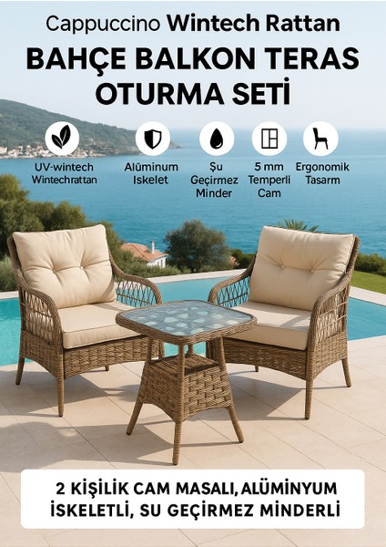 Cappuccino Wintech Rattan Bahçe Balkon Teras Oturma Seti – 2 Kişilik Cam Masalı, Alüminyum Iskeletli, Su Geçirmez Minderli modelleri