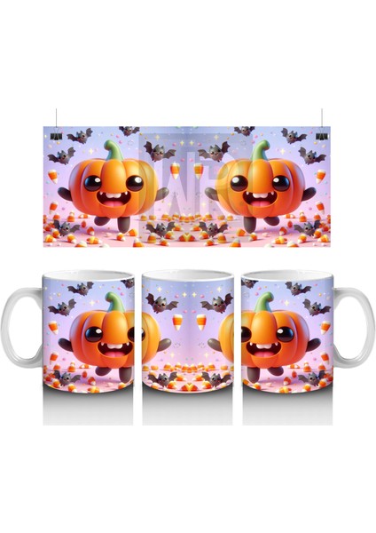 Gülen Balkabakları ve Yarasa Figürlü Renkli Cadılar Bayramı Baskılı Kupa