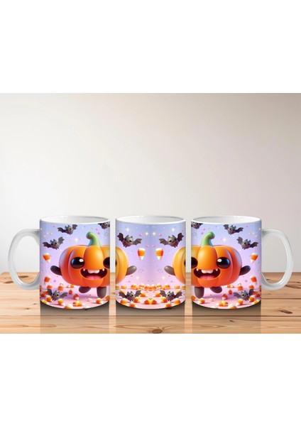 Gülen Balkabakları ve Yarasa Figürlü Renkli Cadılar Bayramı Baskılı Kupa indirimleri