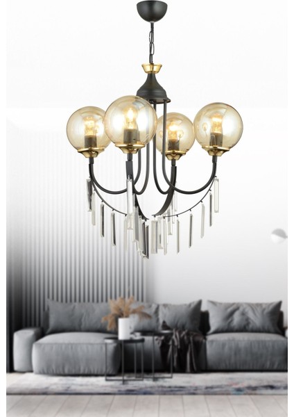 Siyah Irmak 4'lü Bal Glop Camlı Lüks Yukarı Bakan Kristal Avize