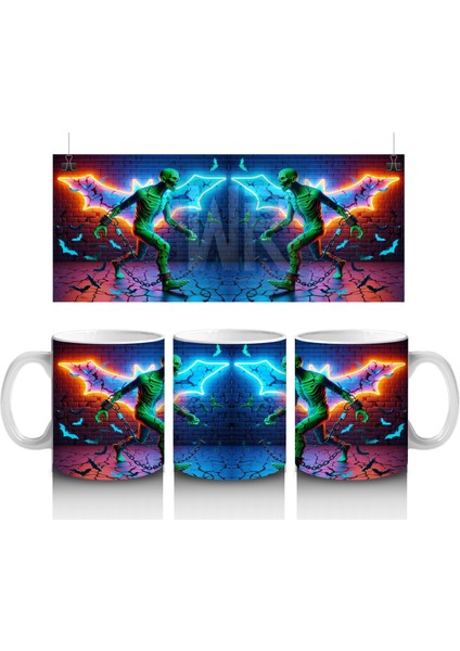 Yıldırım Efektli Dans Eden Cadı Figürlü Renkli Cadılar Bayramı Baskılı Kupa Bardak