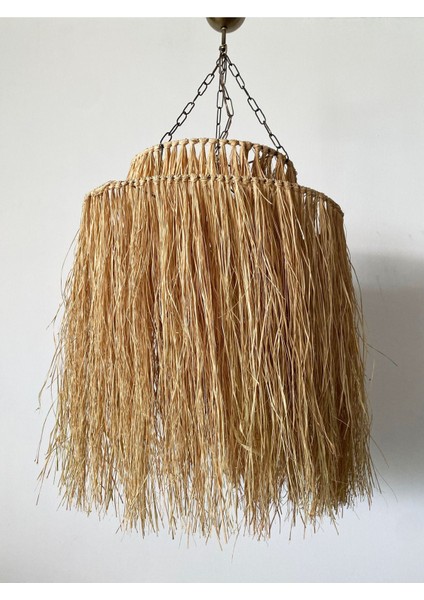 Bej Rattan Bambu Hasır Makrome Sarkıt Avize 60X70 Cm, Şık ve Doğal Aydınlatma.