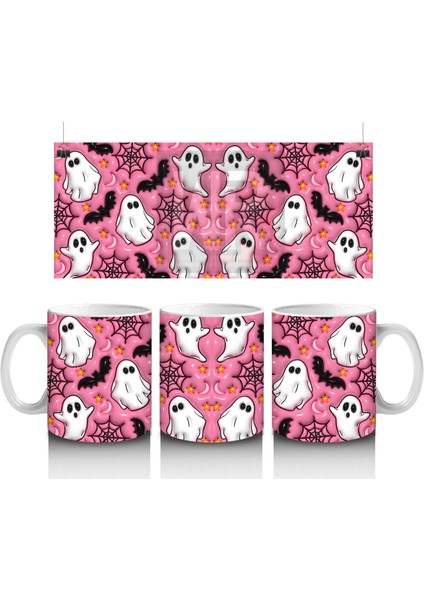 Pembe Zemin Üzerinde Maskeli Hayalet Deseni – Hediyelik Kahve Kupası