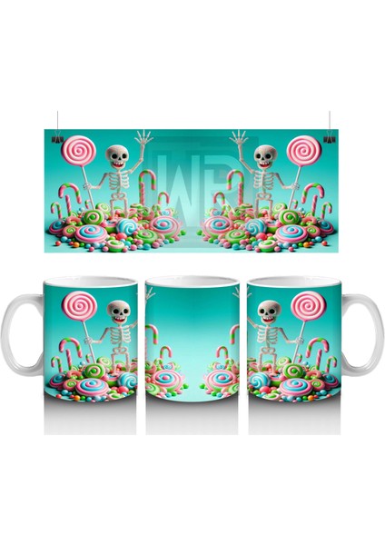 Renkli Şeker ve Iskeletler Temalı Sevimli Cadılar Bayramı Baskılı Kupa Bardak