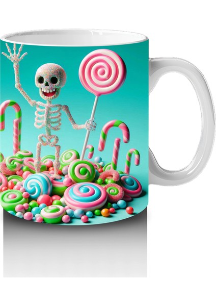 Renkli Şeker ve Iskeletler Temalı Sevimli Cadılar Bayramı Baskılı Kupa Bardak fırsatları