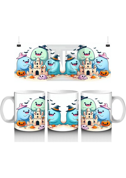Sevimli Hayaletler ve Şekerlemeler Temalı Renkli Cadılar Bayramı Baskılı Kupa Bardak