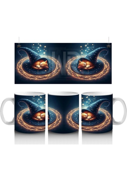 Sihirli Şapkalı Kedi Figürlü Işıltılı Halloween Baskılı Kupa