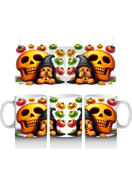 Şeker Sepetli Cadı ve Balkabağı Figürlü Sevimli Cadılar Bayramı Baskılı Kupa