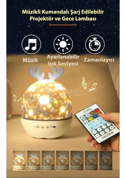 Müzikli, Şarjlı, Dönen, 6 Resimli Gece Lambası, Lüx, Turuncu