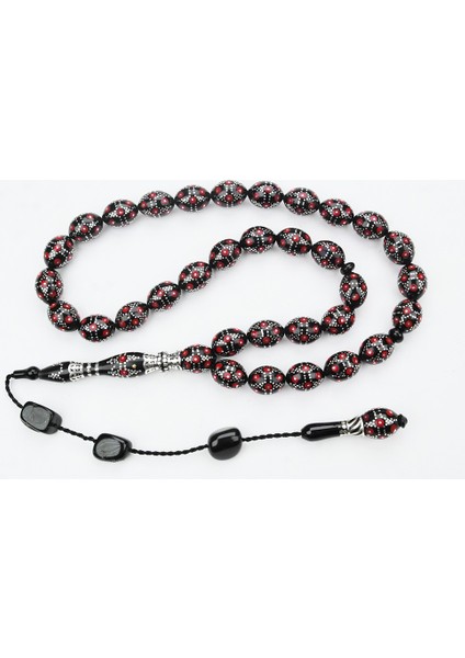 Kırmızı Mine Piramit Yol Işlemeli Oltu Sıkması Tespih