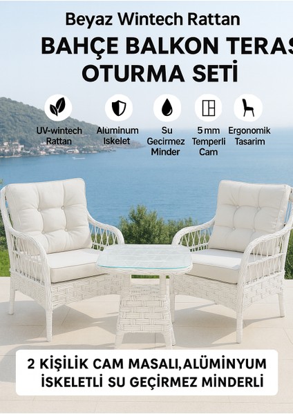 Beyaz Wintech Rattan Bahçe Balkon Teras Oturma Seti – 2 Kişilik, Cam Masalı, Alüminyum İskeletli, Su Geçirmez Minderli, UV Dayanımlı fiyatları