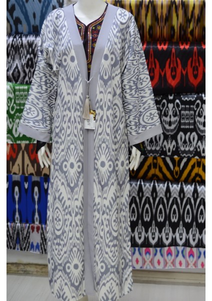Gri Ikat Desenli Kaftan