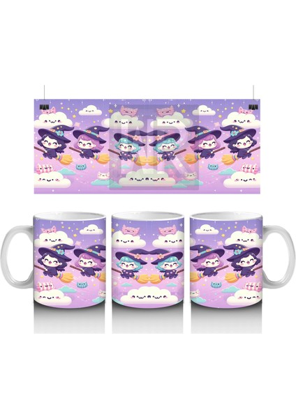 Bulutlar Üzerinde Uçan Şirin Hayaletler Temalı Cadılar Bayramı Baskılı Kupa