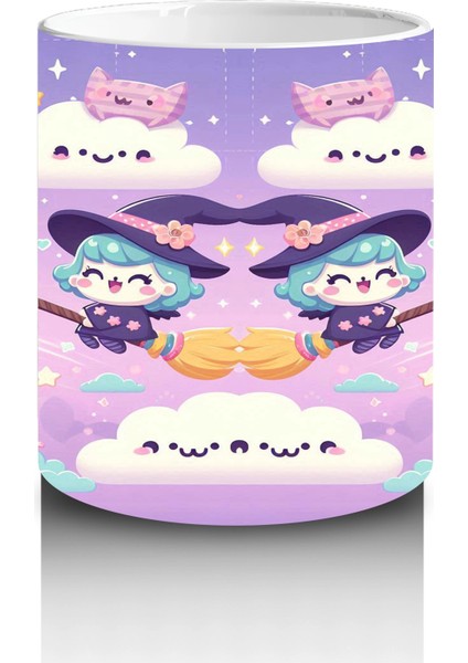 Bulutlar Üzerinde Uçan Şirin Hayaletler Temalı Cadılar Bayramı Baskılı Kupa modelleri