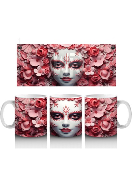 Pembe Gül Denizi Üzerine Beyaz Maske – Hediyelik Kahve Kupası