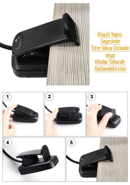 Siyah Mini Ledli Klipsli Okuma Lambası, Pilli Masa ve Kitap Işığı fırsatları