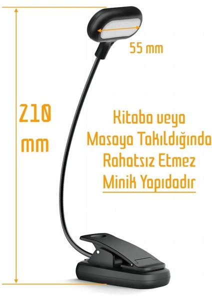 Siyah Mini Ledli Klipsli Okuma Lambası, Pilli Masa ve Kitap Işığı