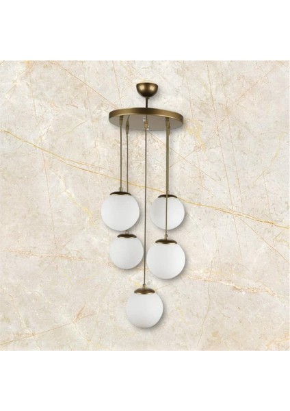 Rustik Spor Avize Seti, 5'li, Beyaz Cam, Eskitme Boya, Kahverengi Detaylarla Şıklık Sağlar