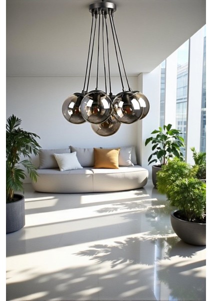 Şık 7 Li Spor Avize Siyah, Kapalı Glop Cam Füme, Modern Tasarım, 1 Adet