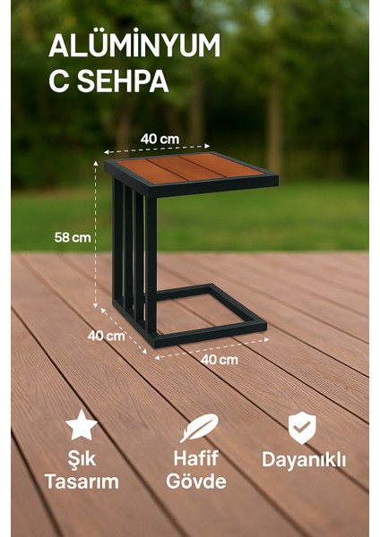 Alüminyum Gövdeli, Ahşap Desenli Modern C Sehpa – Dış Mekan ve Iç Mekan Kullanıma Uygun