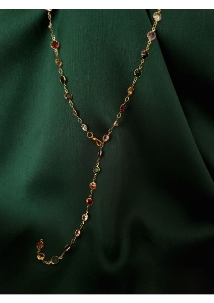 Gold Renk Renkli Oval Taşlı Ayarlanabilir Y Kolye modelleri