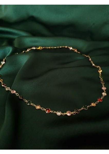 Gold Renk Renkli Oval Taşlı Ayarlanabilir Y Kolye
