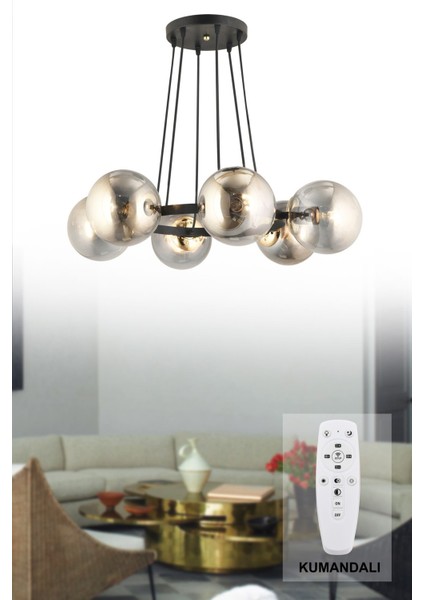 Modern 6'lı Füme Glop Camlı Siyah Halka Avize, Şık ve Zarif Aydınlatma Seçeneği