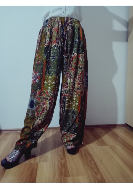 Beli Lastikli Etnik Desenli Viskon Pantolon %100 Pamuk