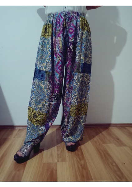 Beli Lastikli Etnik Desenli Viskon Pantolon %100 Pamuk