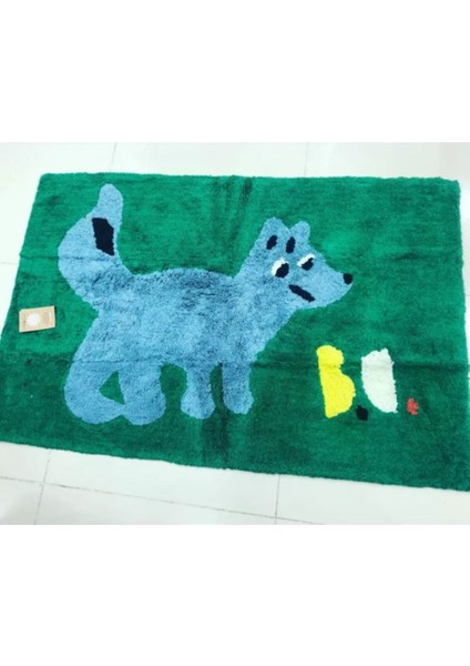 Yeşil Pamuklu Çocuk Odası Halısı Köpek Desenli, Yumuşak ve Şık Tasarım
