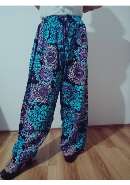 Beli Lastikli Etnik Desenli Viskon Pantolon %100 Pamuk