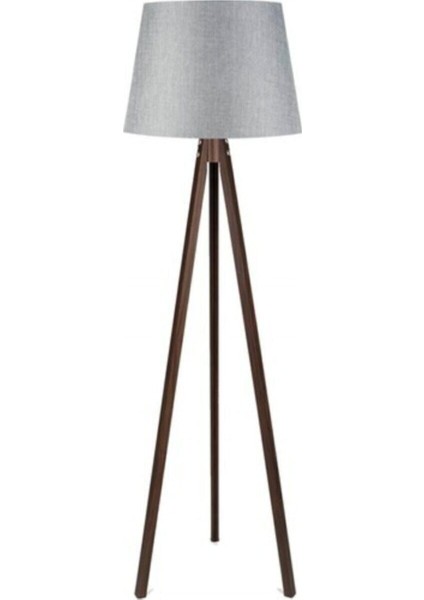 Şık 3 Ayaklı Ahşap Lambader, Konik Kumaş Başlık, Gri ve Ceviz Tonlarda