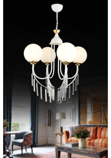 Şık 4'lü Beyaz Camlı Kristal Taşlı Yüksekli Avize