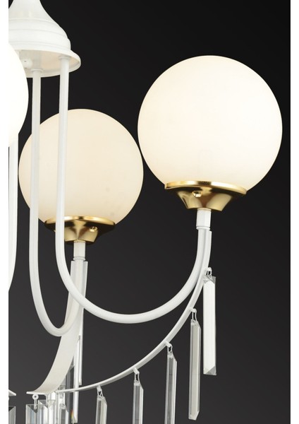 Şık 4'lü Beyaz Camlı Kristal Taşlı Yüksekli Avize