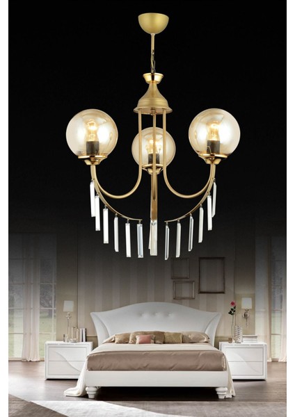 3'lü Bal Glop Camlı Lüks Kristal Avize, Eskitme Irmak Tasarımı