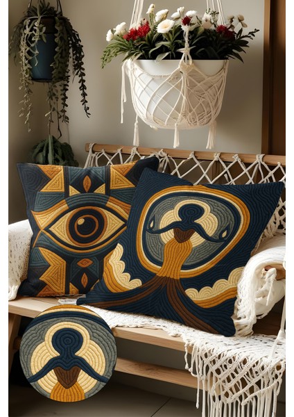 2’li Nakış Desenli, Çift Taraflı Baskı, Dekoratif Kırlent Kılıfı Seti – Bohem Stil, Fermuarlı