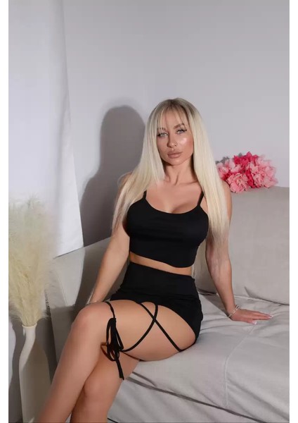 Kadın Siyah Bacak Ipli Crop Takım – Askılı & Slim Fit Penye Dokuma, Günlük & Trend Stil indirimleri