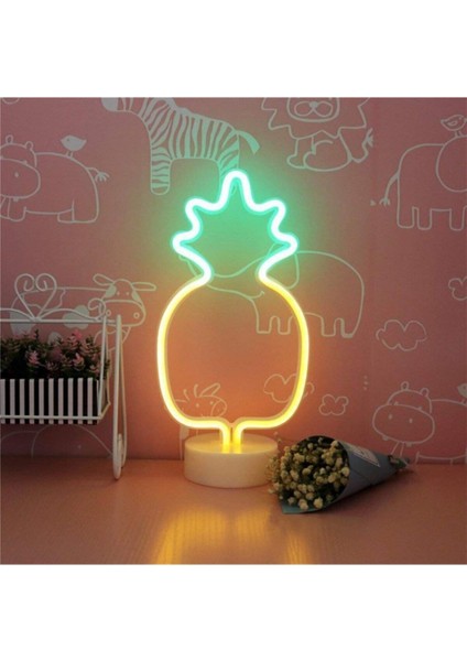 Ananas Şeklinde USB ve Pilli Neon LED Masa ve Gece Lambası, Renkli ve Şık Tasarım