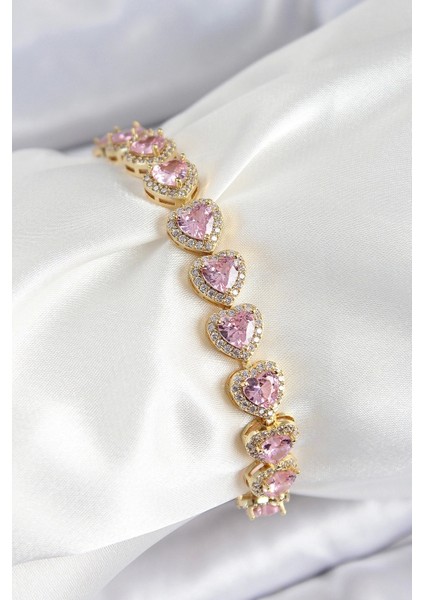 Pirinç Zirkon Taşlı Pembe Kalp Baget Model Gold Renk Vıp Seri Kadın Bileklik